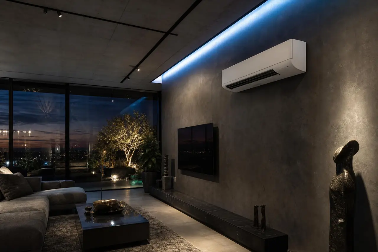 Sala de estar com ar-condicionado split instalado